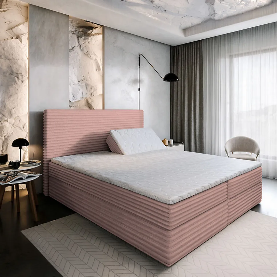 Lit Boxspring MILARA 160X200 CM TILIA 62, Rose, Lit avec matelas et rangement