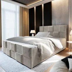 Lit Boxspring MONA 140X200 CM PAROS 02, Beige, Lit avec matelas et rangement