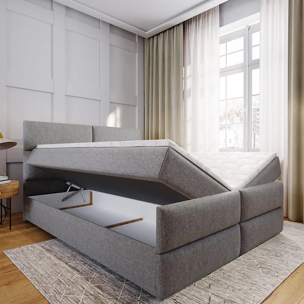 Lit Boxspring MULEN 180X200 CM SAWANA 21, Gris clair, Lit avec matelas et rangement