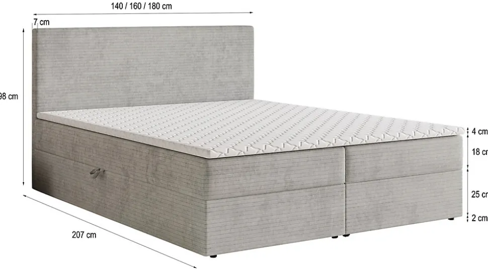 Lit Boxspring NIRA 140X200 CM ROMA 03, Crème, Lit avec matelas et rangement