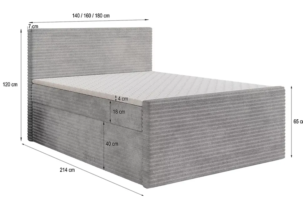 Lit Boxspring NOLEN 180X200 CM TILIA 83, Gris clair, Lit avec matelas et rangement