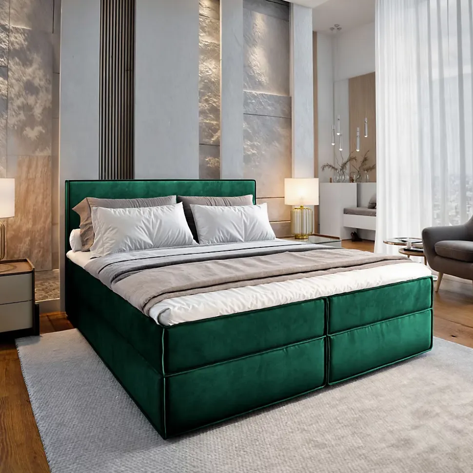 Lit Boxspring PELLIO 160X200 CM MONOLITH 37, Vert foncé, Lit avec matelas et rangement