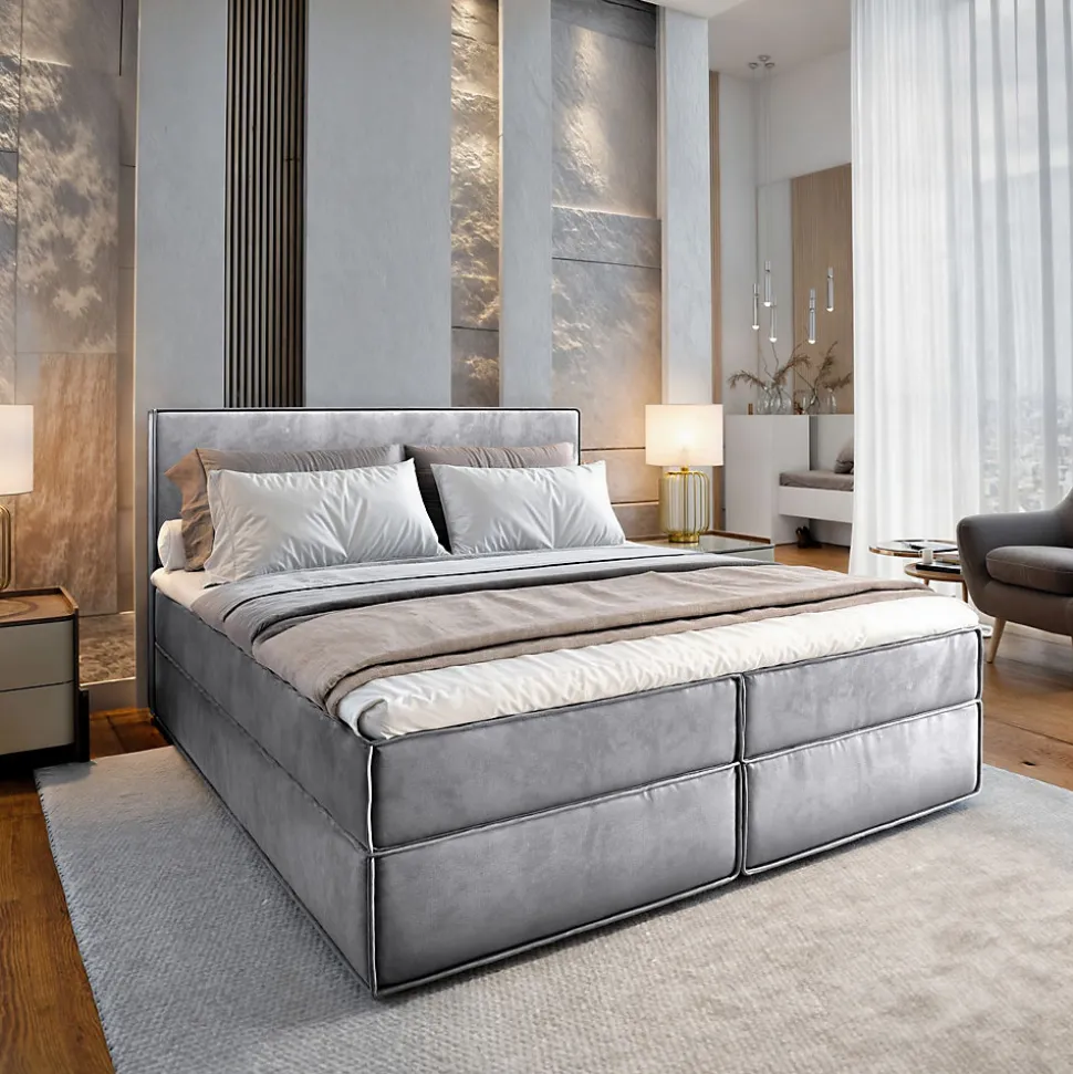 Lit Boxspring PELLIO 140X200 CM MONOLITH 84, Gris clair, Lit avec matelas et rangement
