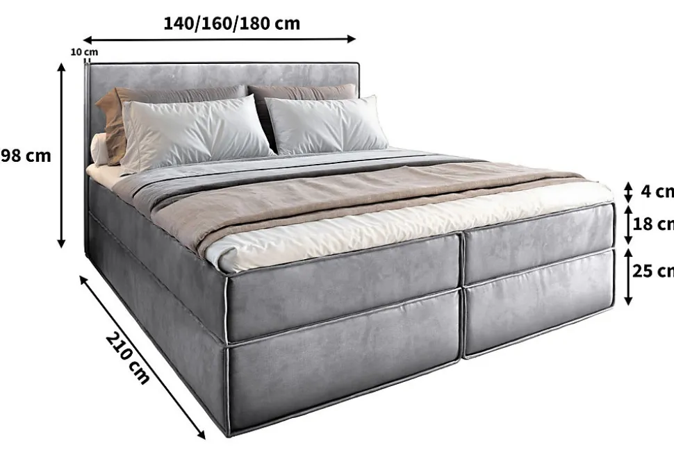 Lit Boxspring PELLIO 140X200 CM MONOLITH 84, Gris clair, Lit avec matelas et rangement