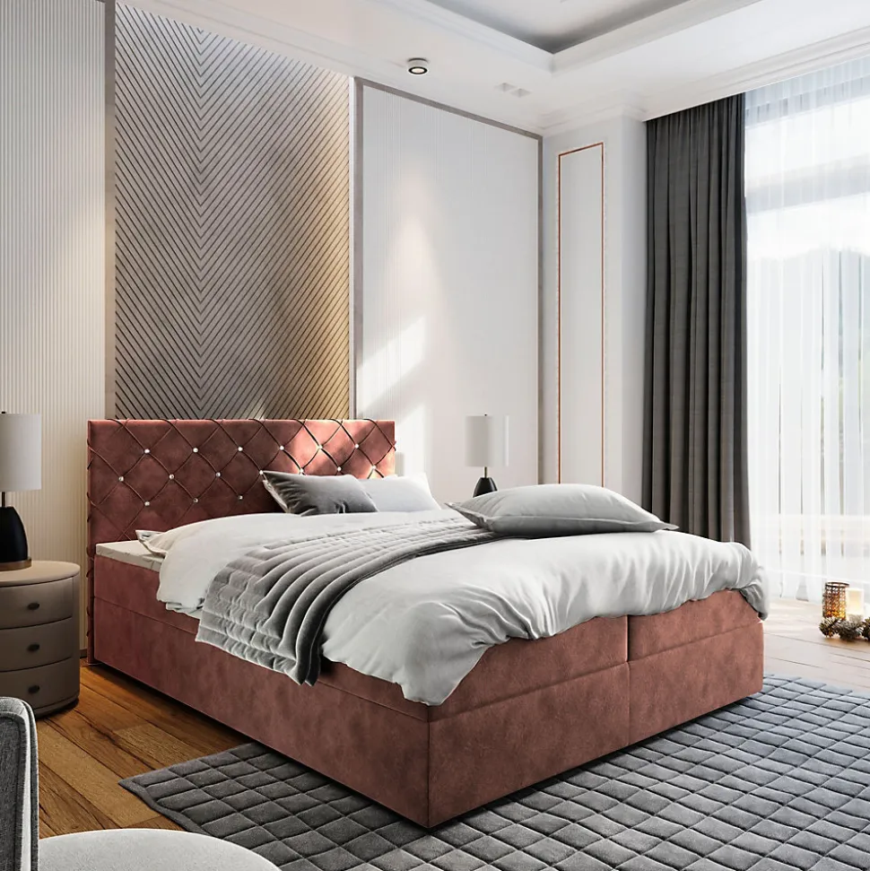 Lit Boxspring RIVA 160X200 CM MAGIC VELVET 2258, Rose, Lit avec matelas et rangement