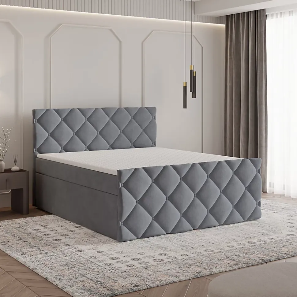 Lit Boxspring ROVARI 140X200 CM KRONOS 15, Gris, Lit avec matelas et rangement
