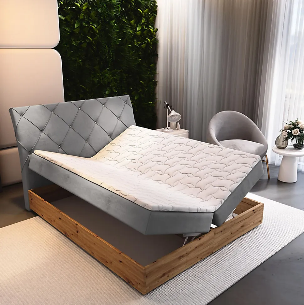 Lit Boxspring VELLANO 140X200 CM PAROS 05, Gris clair, Lit avec matelas et rangement