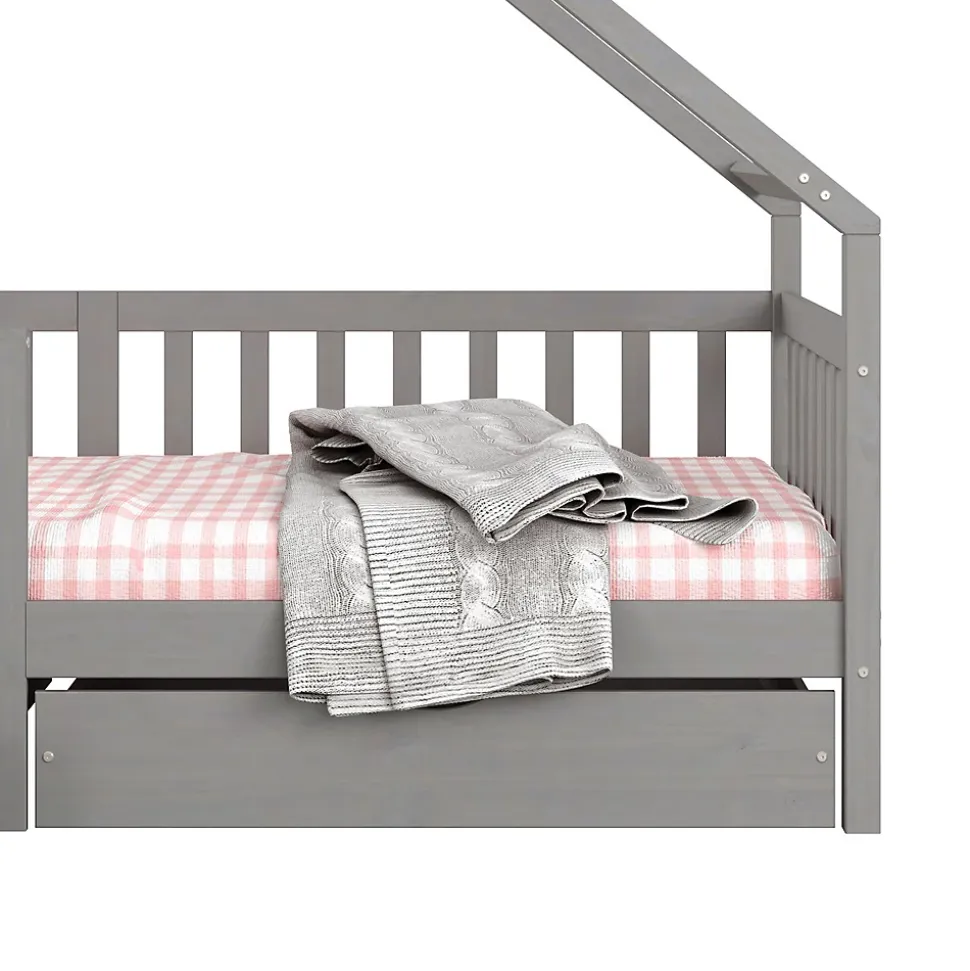 Lit cabane asymétrique ALVA avec tiroirs, 90 x 200 cm en pin massif lasuré gris