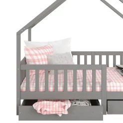 Lit cabane asymétrique ALVA avec tiroirs, 90 x 200 cm en pin massif lasuré gris