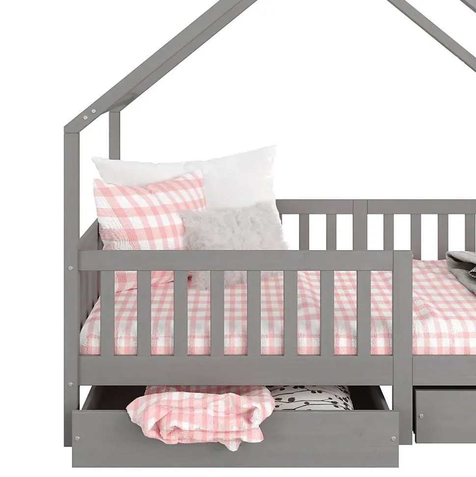 Lit cabane asymétrique ALVA avec tiroirs, 90 x 200 cm en pin massif lasuré gris