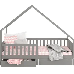 Lit cabane asymétrique ALVA avec tiroirs, 90 x 200 cm en pin massif lasuré gris