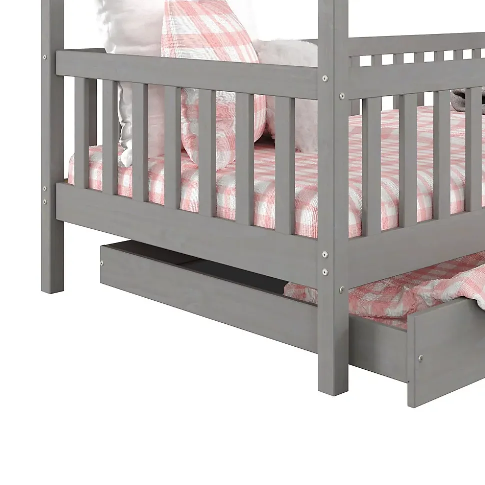 Lit cabane asymétrique ALVA avec tiroirs, 90 x 200 cm en pin massif lasuré gris