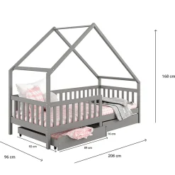 Lit cabane asymétrique ALVA avec tiroirs, 90 x 200 cm en pin massif lasuré gris