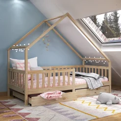 Lit cabane asymétrique ALVA avec tiroirs, 90 x 190 cm en pin massif finition naturelle