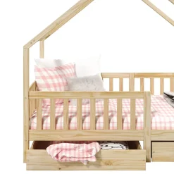 Lit cabane asymétrique ALVA avec tiroirs, 90 x 190 cm en pin massif finition naturelle