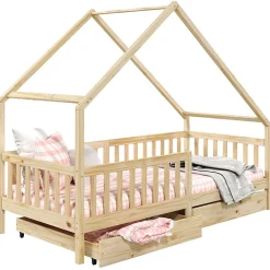 Lit cabane asymétrique ALVA avec tiroirs, 90 x 190 cm en pin massif finition naturelle