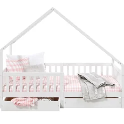 Lit cabane asymétrique ALVA avec tiroirs, 90 x 200 cm en pin massif lasuré blanc