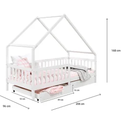 Lit cabane asymétrique ALVA avec tiroirs, 90 x 200 cm en pin massif lasuré blanc