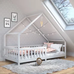 Lit cabane asymétrique CORA 90 x 190 cm en pin massif lasuré blanc