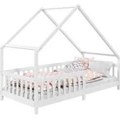 Lit cabane asymétrique CORA 90 x 190 cm en pin massif lasuré blanc