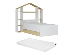 Lit cabane 90 x 190 cm - Coloris : Blanc et naturel + Matelas - JERACO