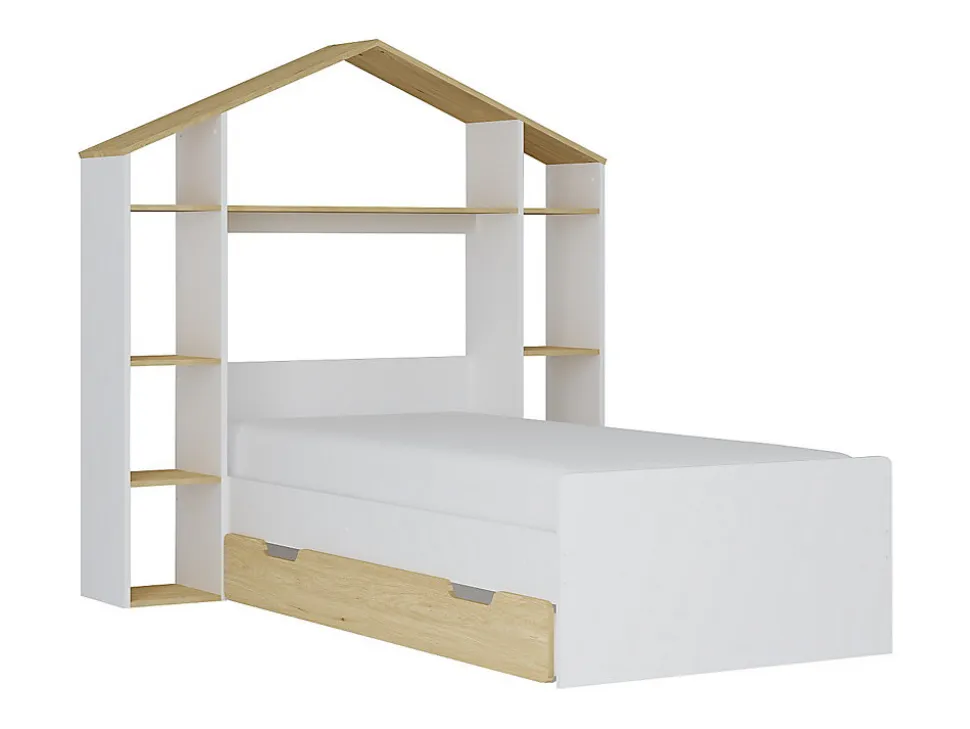 Lit cabane 90 x 190 cm - Coloris : Blanc et naturel + Matelas - JERACO
