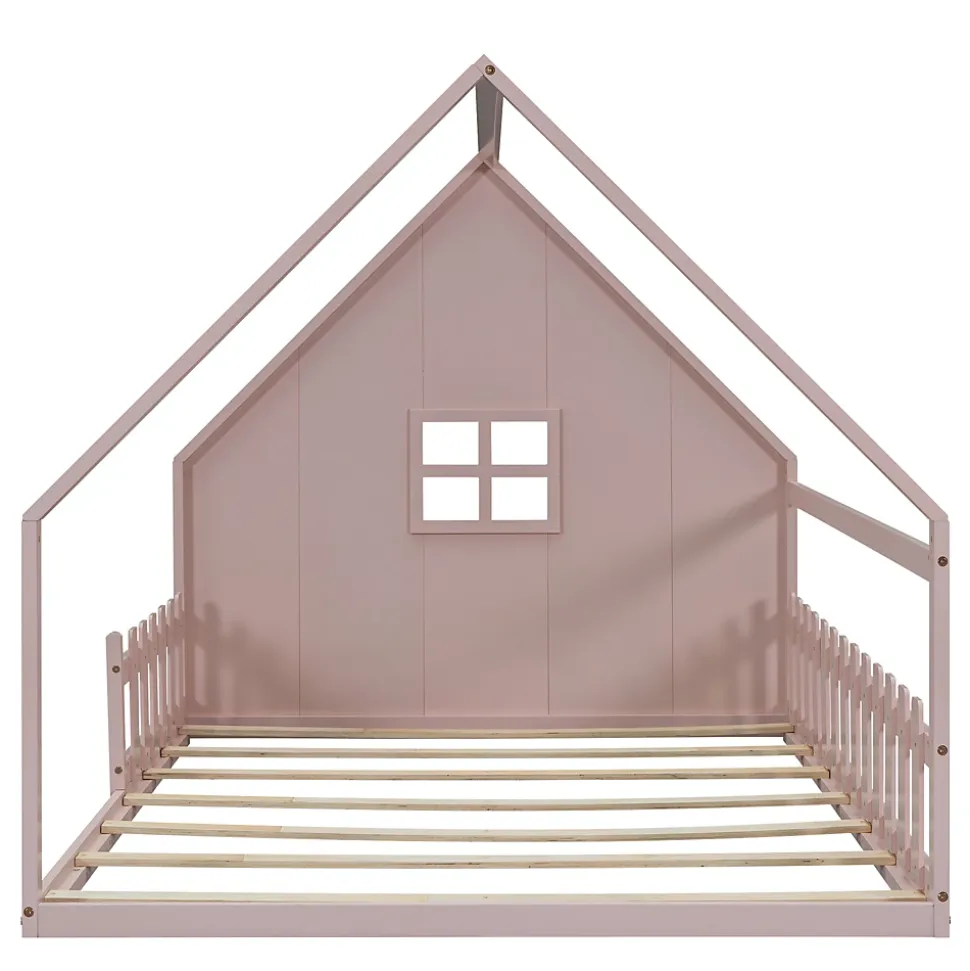 Lit cabane 140 x 200 cm - Lit double enfant avec barrières - Pin + MDF - Sans matelas - Rose