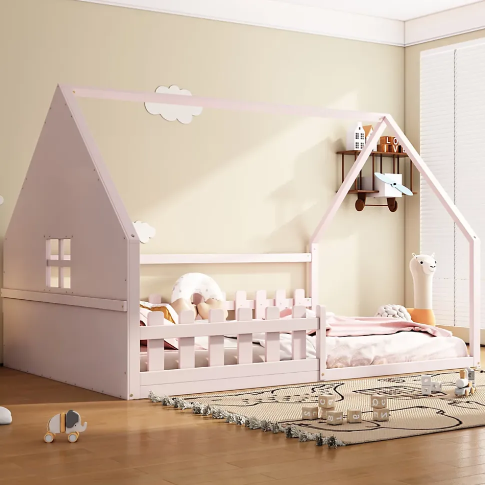 Lit cabane 140 x 200 cm - Lit double enfant avec barrières - Pin + MDF - Sans matelas - Rose