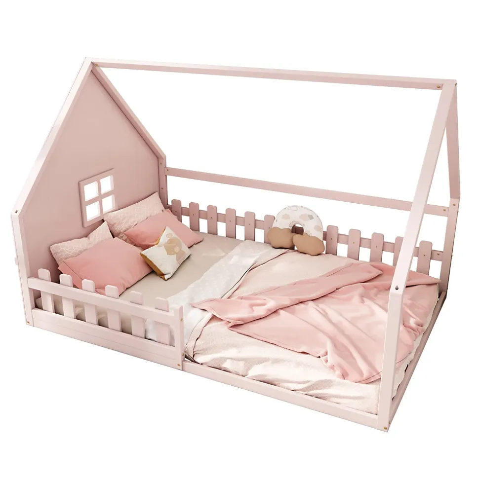 Lit cabane 140 x 200 cm - Lit double enfant avec barrières - Pin + MDF - Sans matelas - Rose
