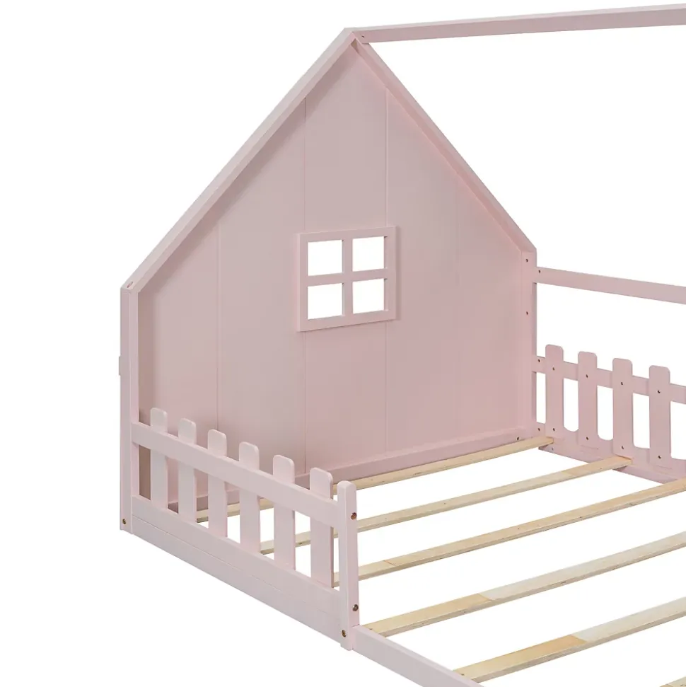 Lit cabane 140 x 200 cm - Lit double enfant avec barrières - Pin + MDF - Sans matelas - Rose