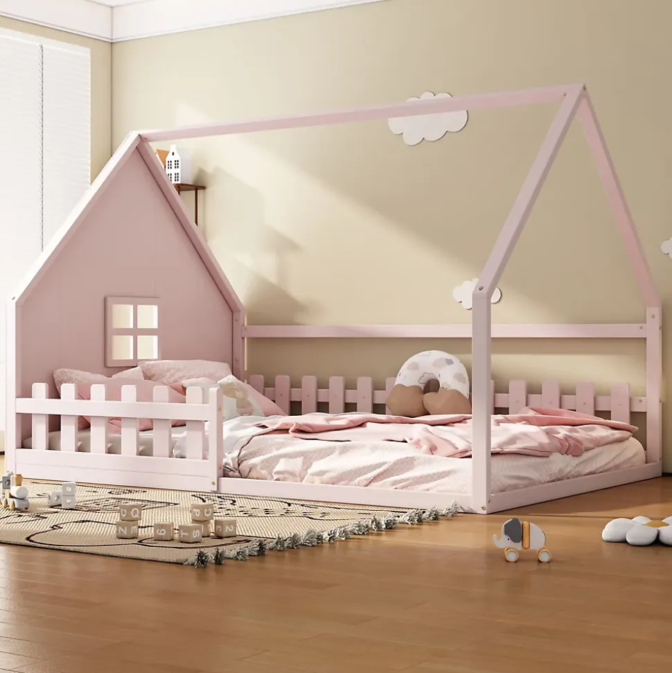 Lit cabane 140 x 200 cm - Lit double enfant avec barrières - Pin + MDF - Sans matelas - Rose