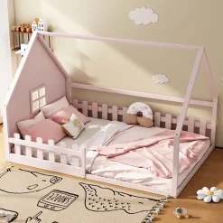 Lit cabane 140 x 200 cm - Lit double enfant avec barrières - Pin + MDF - Sans matelas - Rose
