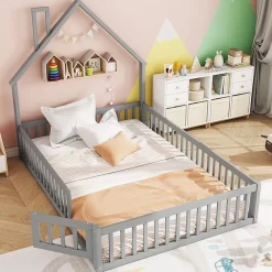 Lit Cabane 140 x 200 cm - Lit enfant Forme Cheminée - Pin + MDF - Sans Matelas - Gris