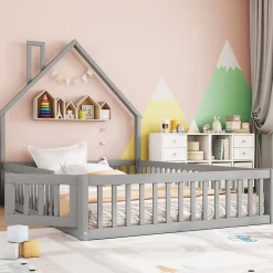 Lit Cabane 140 x 200 cm - Lit enfant Forme Cheminée - Pin + MDF - Sans Matelas - Gris