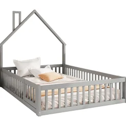 Lit Cabane 140 x 200 cm - Lit enfant Forme Cheminée - Pin + MDF - Sans Matelas - Gris