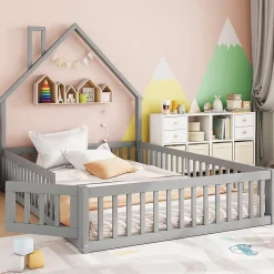 Lit Cabane 140 x 200 cm - Lit enfant Forme Cheminée - Pin + MDF - Sans Matelas - Gris