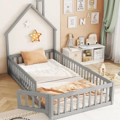 Lit Cabane 90 x 200 cm - Lit enfant Forme Cheminée - Pin + MDF - Sans Matelas - Gris