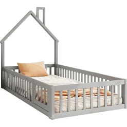 Lit Cabane 90 x 200 cm - Lit enfant Forme Cheminée - Pin + MDF - Sans Matelas - Gris