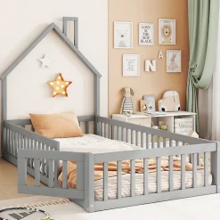 Lit Cabane 90 x 200 cm - Lit enfant Forme Cheminée - Pin + MDF - Sans Matelas - Gris