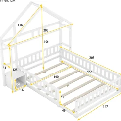 Lit Cabane 140 x 200 cm - Lit enfant avec Balustrade et Tables de Chevet - Bois + MDF - Sans Matelas - Blanc