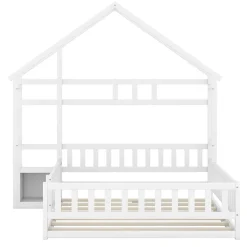 Lit Cabane 140 x 200 cm - Lit enfant avec Balustrade et Tables de Chevet - Bois + MDF - Sans Matelas - Blanc