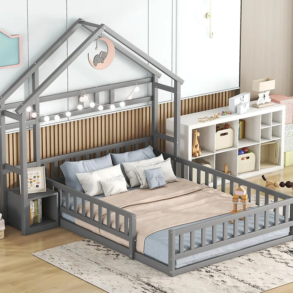 Lit Cabane 140 x 200 cm - Lit enfant avec Balustrade et Tables de Chevet - Bois + MDF - Sans Matelas - Gris