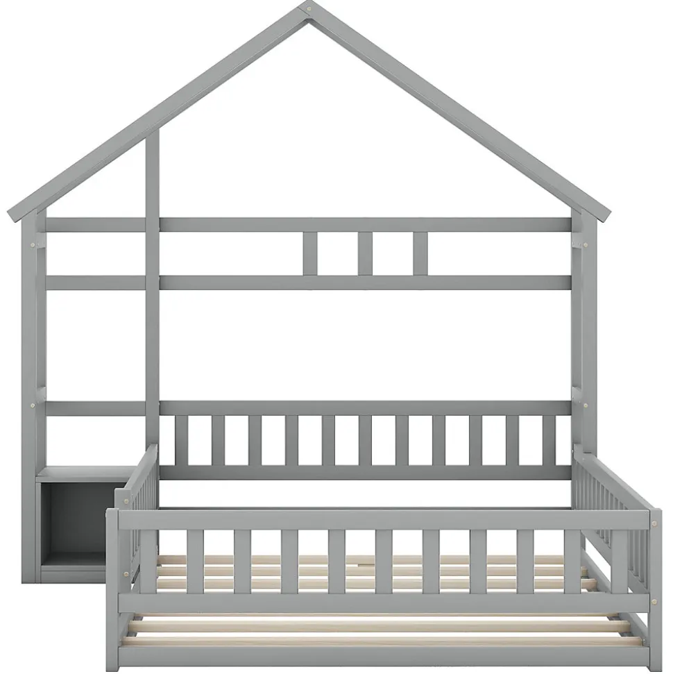 Lit Cabane 140 x 200 cm - Lit enfant avec Balustrade et Tables de Chevet - Bois + MDF - Sans Matelas - Gris