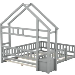 Lit Cabane 140 x 200 cm - Lit enfant avec Balustrade et Tables de Chevet - Bois + MDF - Sans Matelas - Gris