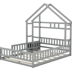 Lit Cabane 140 x 200 cm - Lit enfant avec Balustrade et Tables de Chevet - Bois + MDF - Sans Matelas - Gris