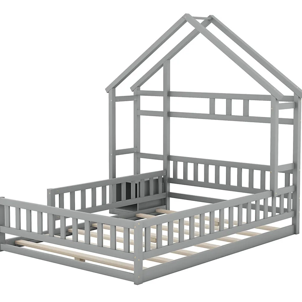 Lit Cabane 140 x 200 cm - Lit enfant avec Balustrade et Tables de Chevet - Bois + MDF - Sans Matelas - Gris