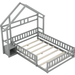 Lit Cabane 140 x 200 cm - Lit enfant avec Balustrade et Tables de Chevet - Bois + MDF - Sans Matelas - Gris