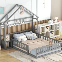 Lit Cabane 140 x 190 cm - Lit enfant avec Balustrade et Tables de Chevet - Bois + MDF - Sans Matelas - Gris