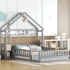 Lit Cabane 140 x 190 cm - Lit enfant avec Balustrade et Tables de Chevet - Bois + MDF - Sans Matelas - Gris