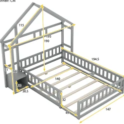 Lit Cabane 140 x 190 cm - Lit enfant avec Balustrade et Tables de Chevet - Bois + MDF - Sans Matelas - Gris